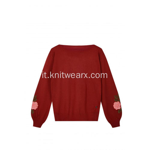 Pullover con maniche a sbuffo con ricamo floreale lavorato a maglia da donna